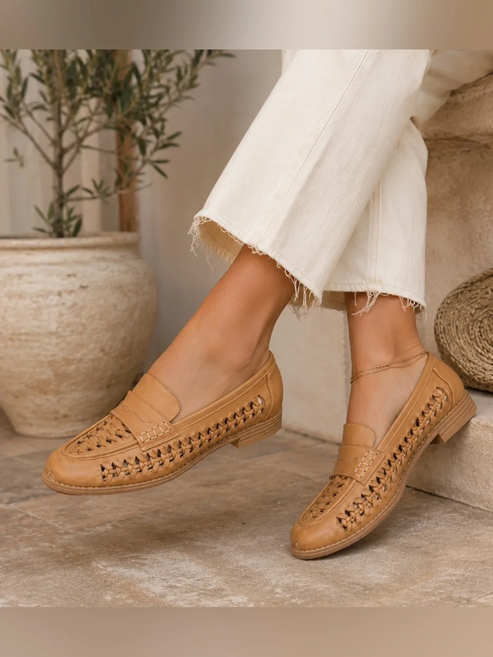 Time and Tru Woven Leather Look Penny Loafers Tan Fisherman Flats Size 10